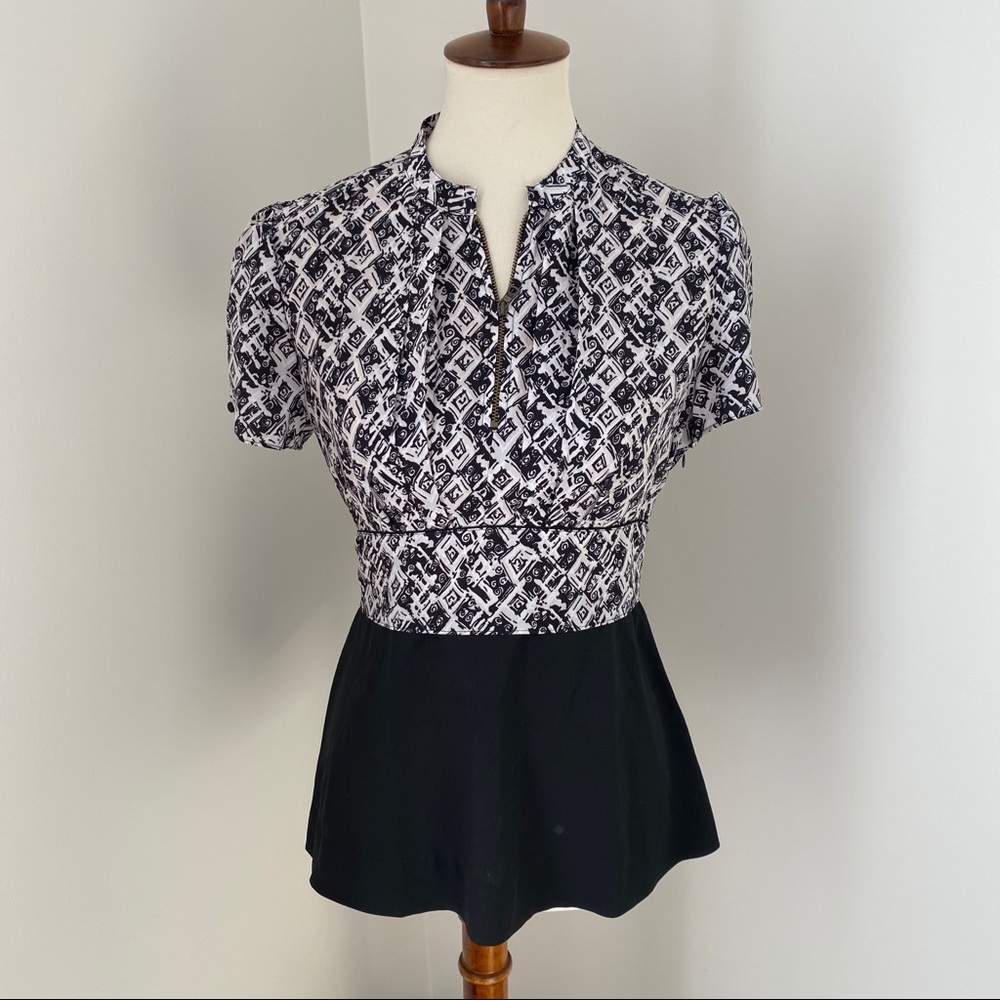 Anthropologie Black and White Patterned Short Sleeve Peplum Top